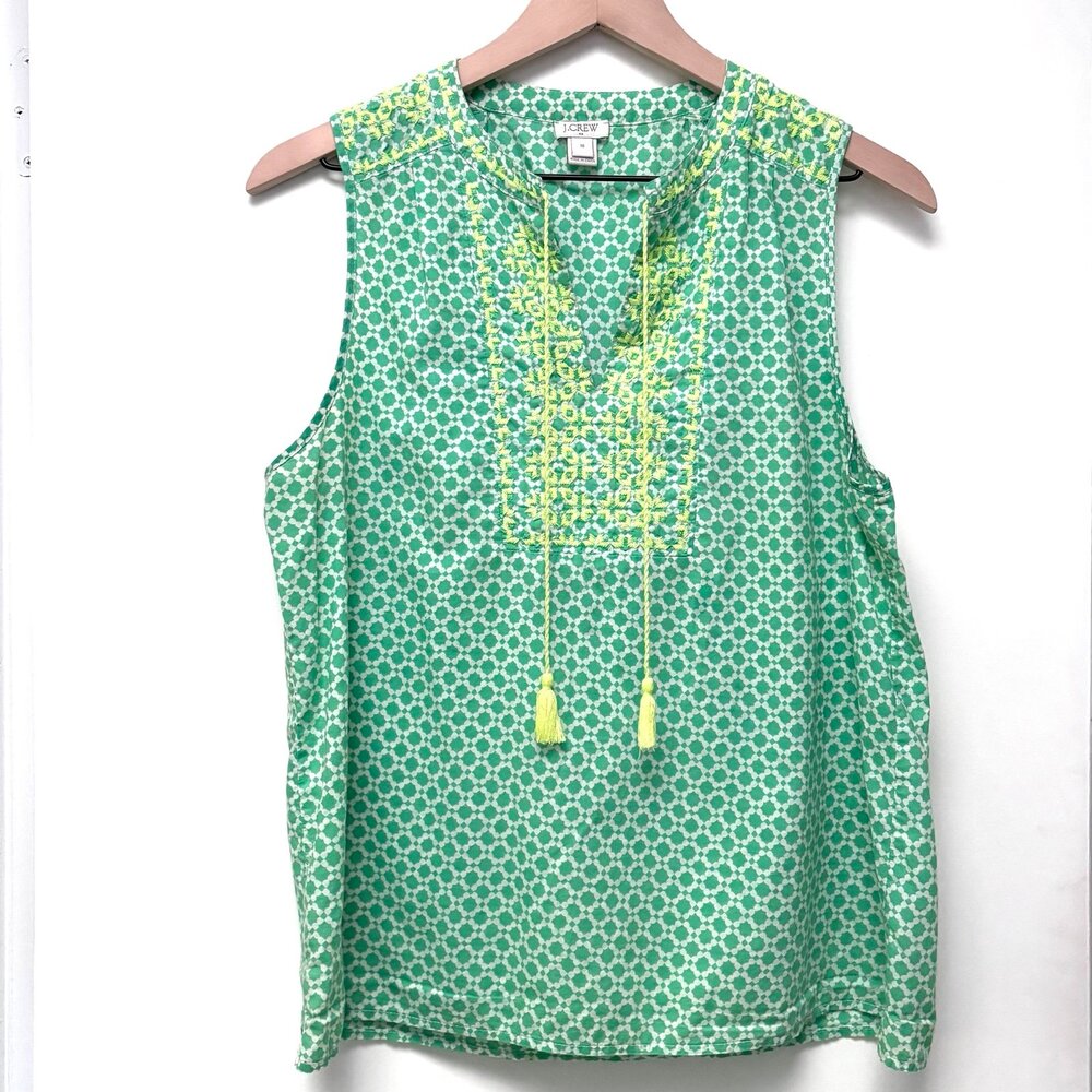 J.Crew Green Embroidered  Boho Cotton Sleeveless Blouse sz10 Resort Preppy Vacay